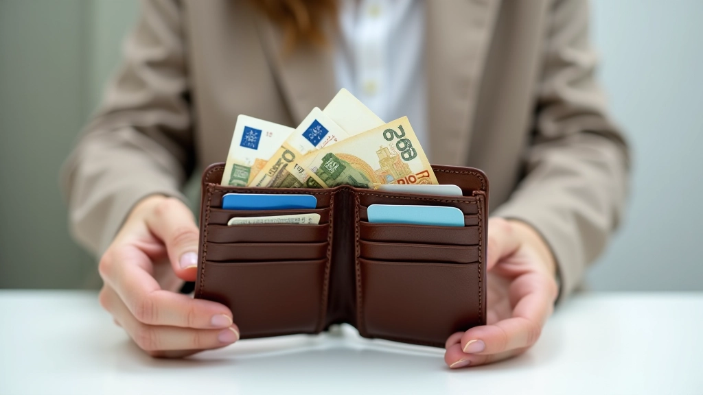 Portefeuille avec cartes de crédit et billets d'euros sur un bureau minimaliste