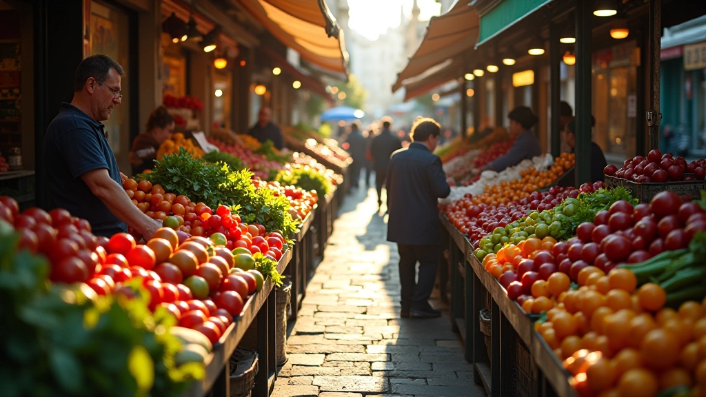 Vue aérienne d'un marché parisien avec étals de fruits et légumes colorés