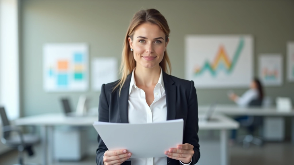 Femme tenant un document avec des questions fréquentes, environnement de bureau lumineux avec graphiques en arrière-plan