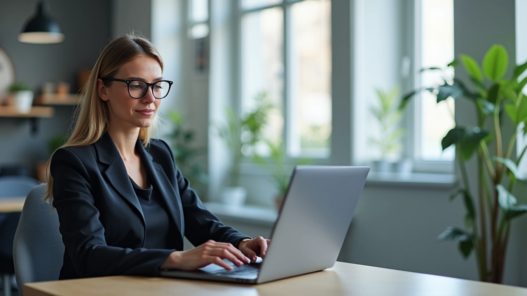Femme consultant un tableau d'analyse d'inflation sur son ordinateur portable dans un bureau moderne, documents financiers visibles